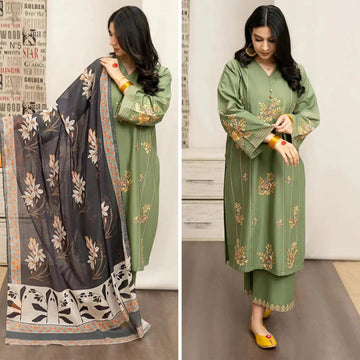 3- Piece Embroidered Dhanak Dress with Shawl