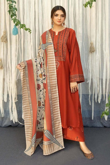 3- Piece Embroidered Dhanak Dress with Shawl