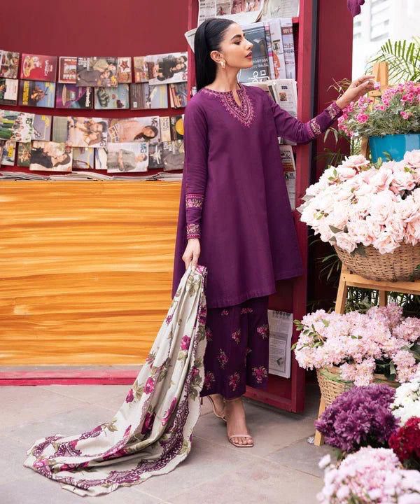 3- Piece Embroidered Dhanak Dress with Shawl
