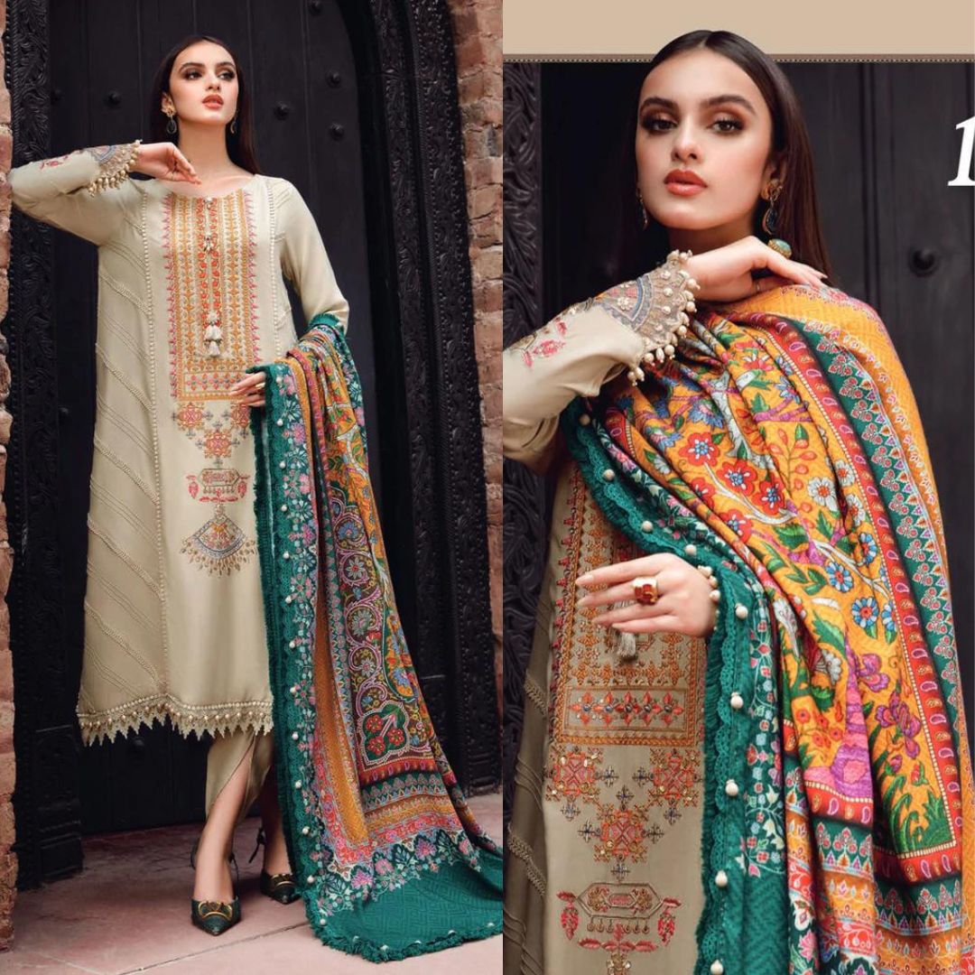 3- Piece Embroidered Dhanak Dress with Shawl