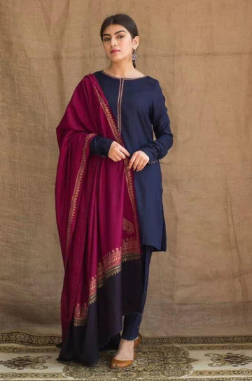 3- Piece Embroidered Dhanak Dress with  Shawl