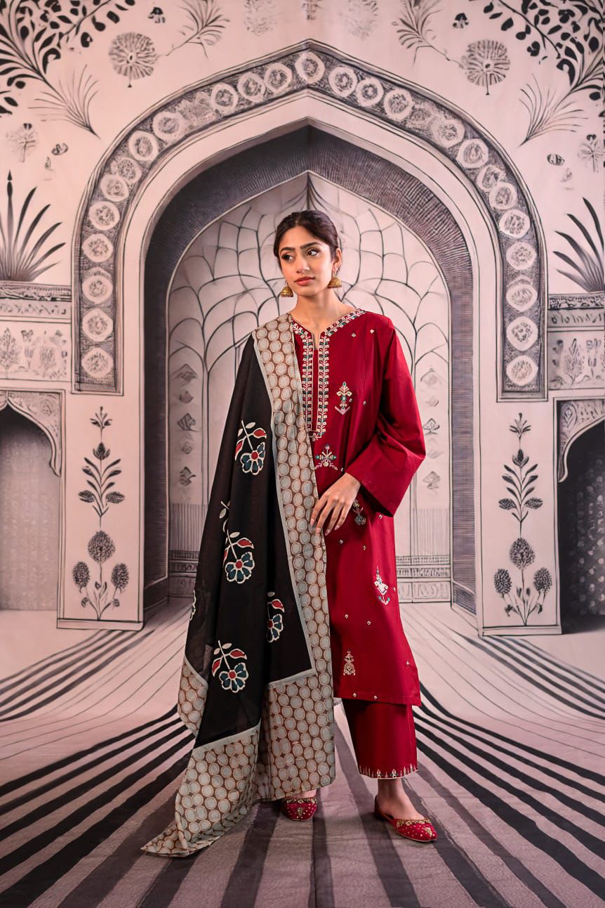 3- Piece Embroidered Dhanak Dress with Shawl