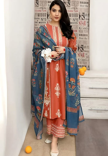 3- Piece Embroidered Dhanak Dress with Shawl