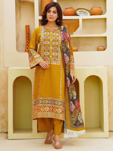 3- Piece Embroidered Dhanak Dress with Shawl