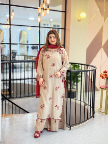 3- Piece Embroidered Dhanak Dress with Shawl