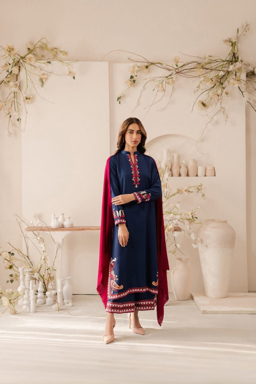 3- Piece Embroidered Dhanak Dress with Shawl