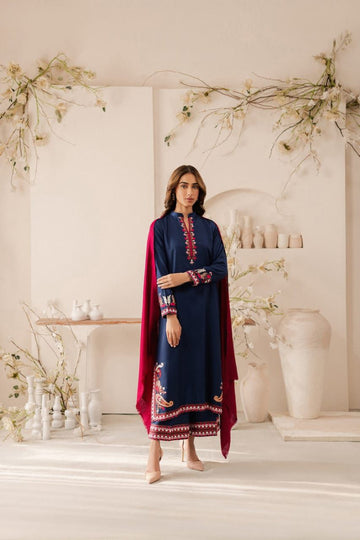 3- Piece Embroidered Dhanak Dress with Shawl