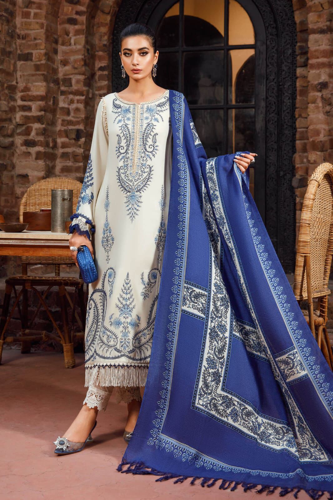 3- Piece Embroidered Dhanak Dress with Shawl