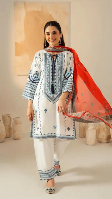 3- Piece Embroidered Dhanak Dress with Shawl