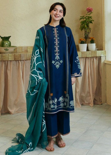 3- Piece Embroidered Dhanak Dress with Shawl