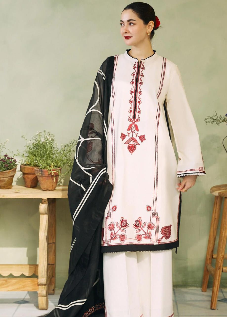 3- Piece Embroidered Dhanak Dress with Shawl
