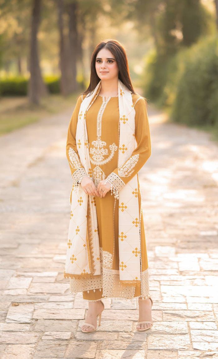 3- Piece Embroidered Dhanak Dress with Shawl