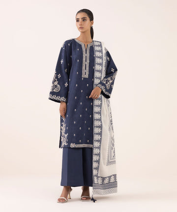 3- Piece Embroidered Dhanak Dress with Shawl