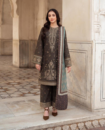 3- Piece Embroidered Dhanak Dress with Shawl