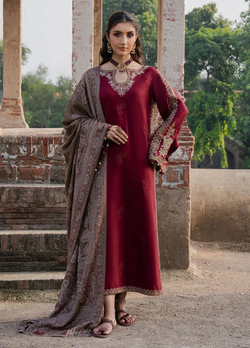 3- Piece Embroidered Dhanak Dress with Shawl